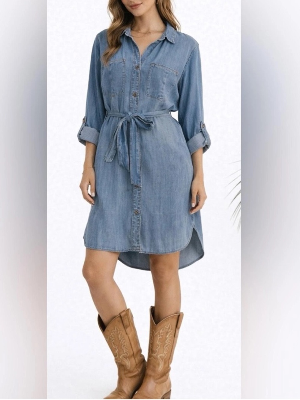 *Velvet Heart Chambray 100% Tencel Button Down Belted XS Denim Shirt Dress A189